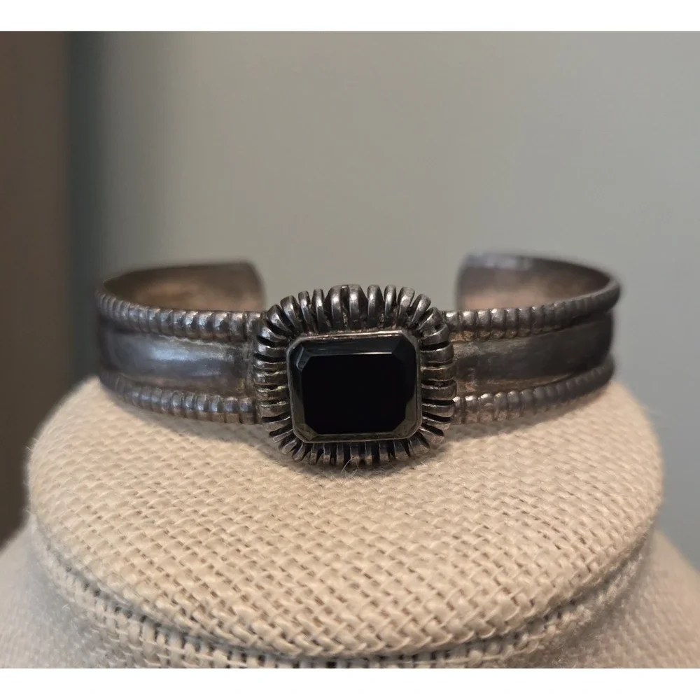 Heavy‎ Black Onyx & Sterling Silver Cuff - Victorian 39.27 Gr! Under Melt Value